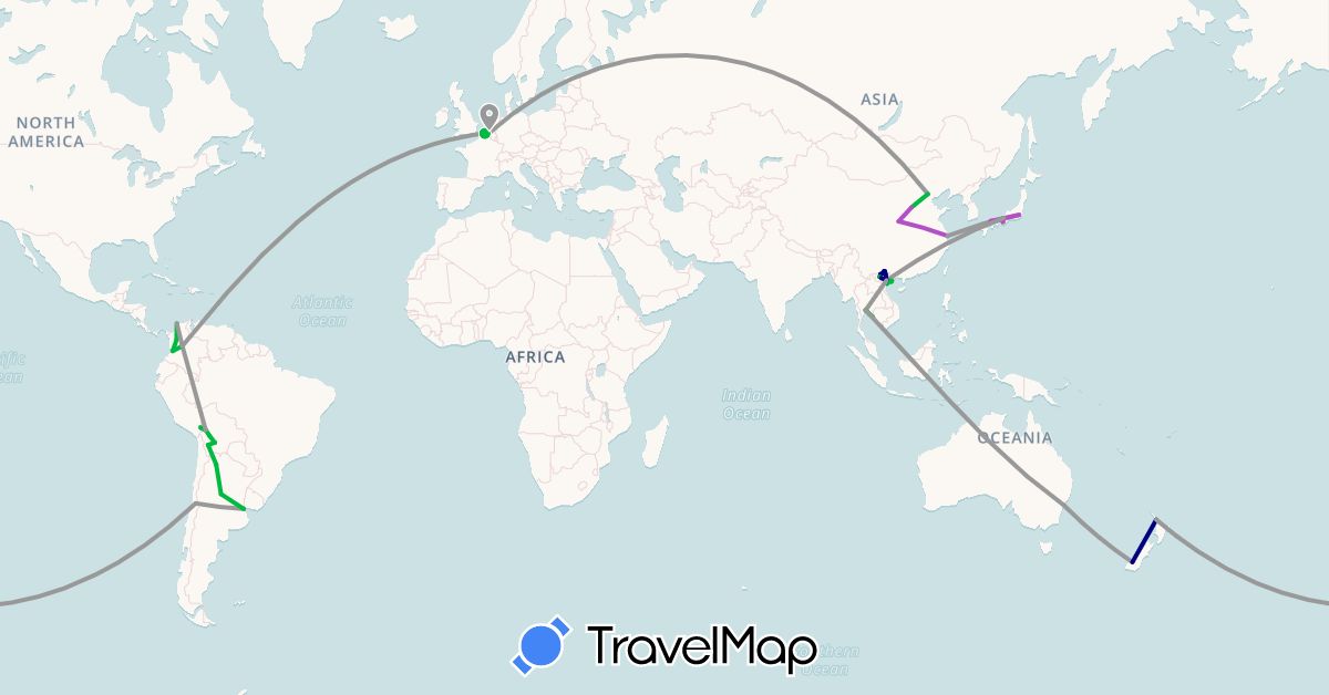 TravelMap itinerary: driving, bus, plane, train in Argentina, Australia, Belgium, Bolivia, Chile, China, Colombia, Japan, New Zealand, Thailand, Vietnam (Asia, Europe, Oceania, South America)